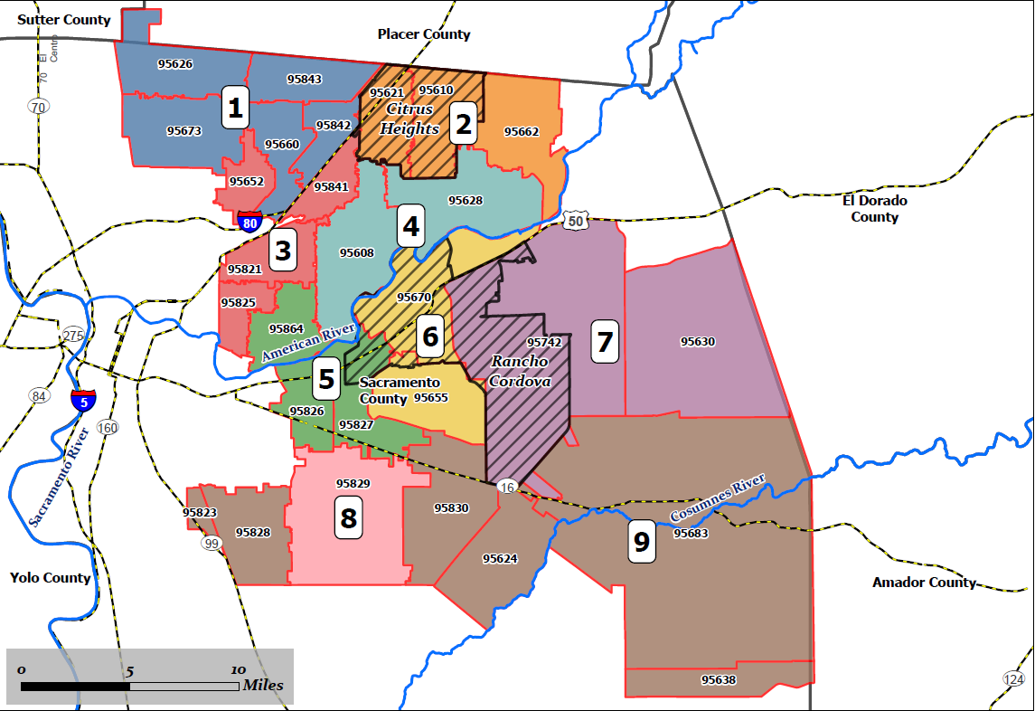 The image is a map showing various regions, zip codes, and county boundaries in the Sacramento area, including surrounding counties.