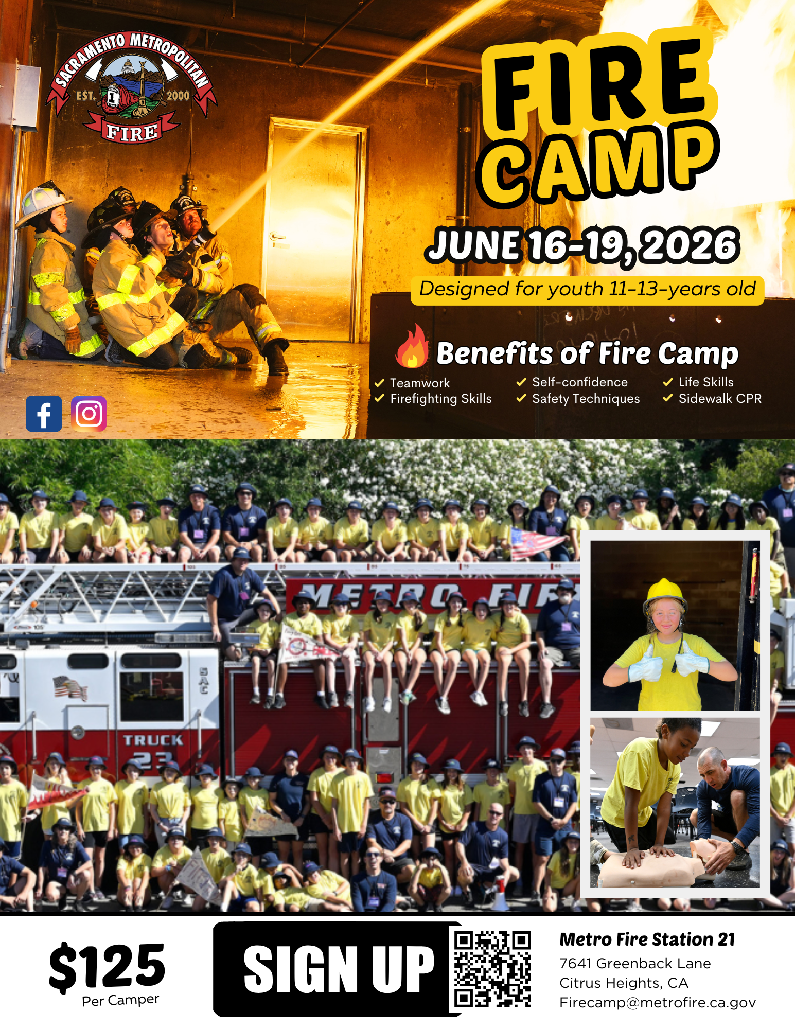 Fire Camp for youth aged 11-13, June 16-19, 2026. Learn teamwork, firefighting skills, and more. Cost: $125. Sign up now!