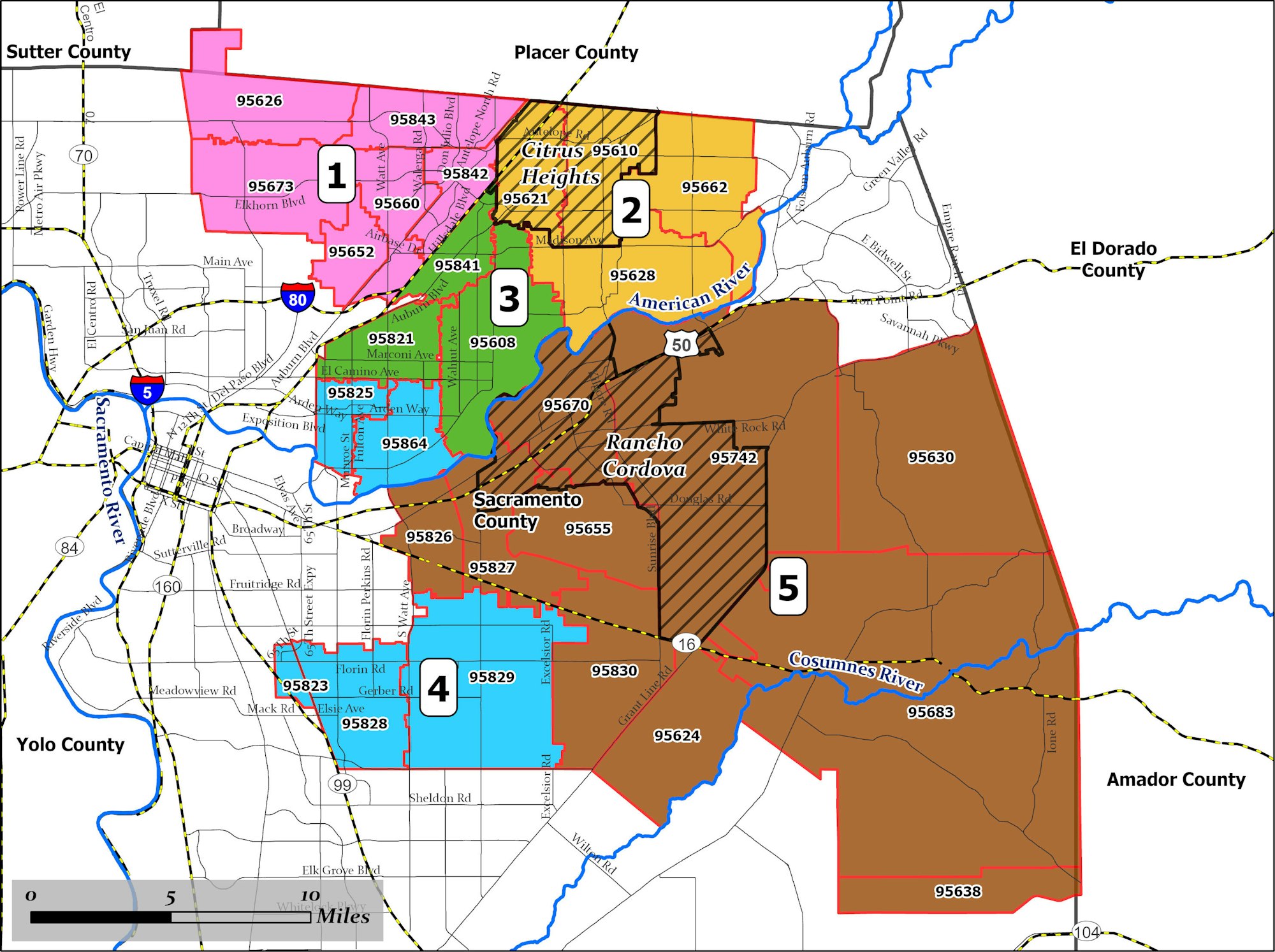 Map showing numbered zones in Sacramento County with zip codes, highlighted regions, and surrounding counties.
