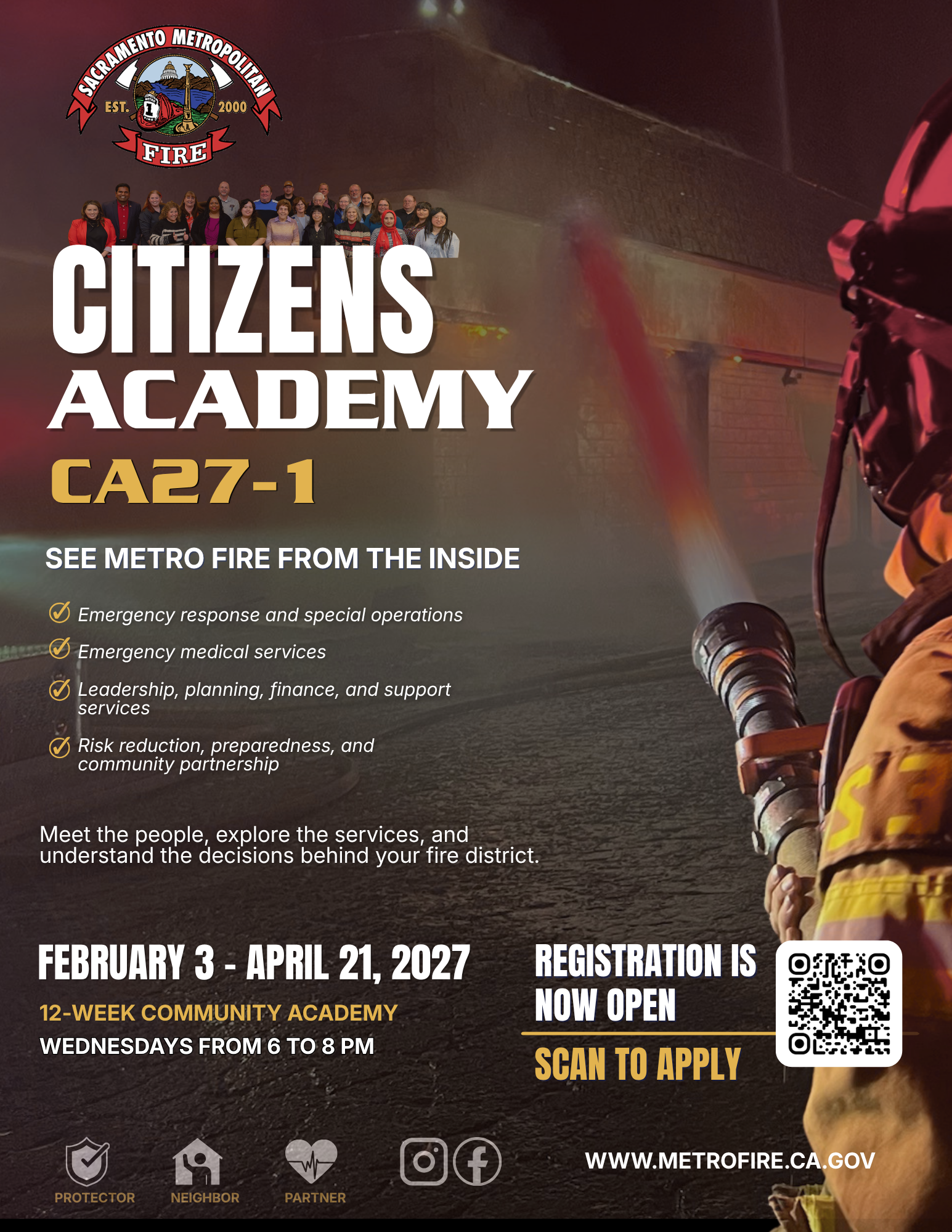 The image promotes the Sacramento Metropolitan Fire Citizens Academy, running from Feb 3 to Apr 21, 2027. Registration is open.