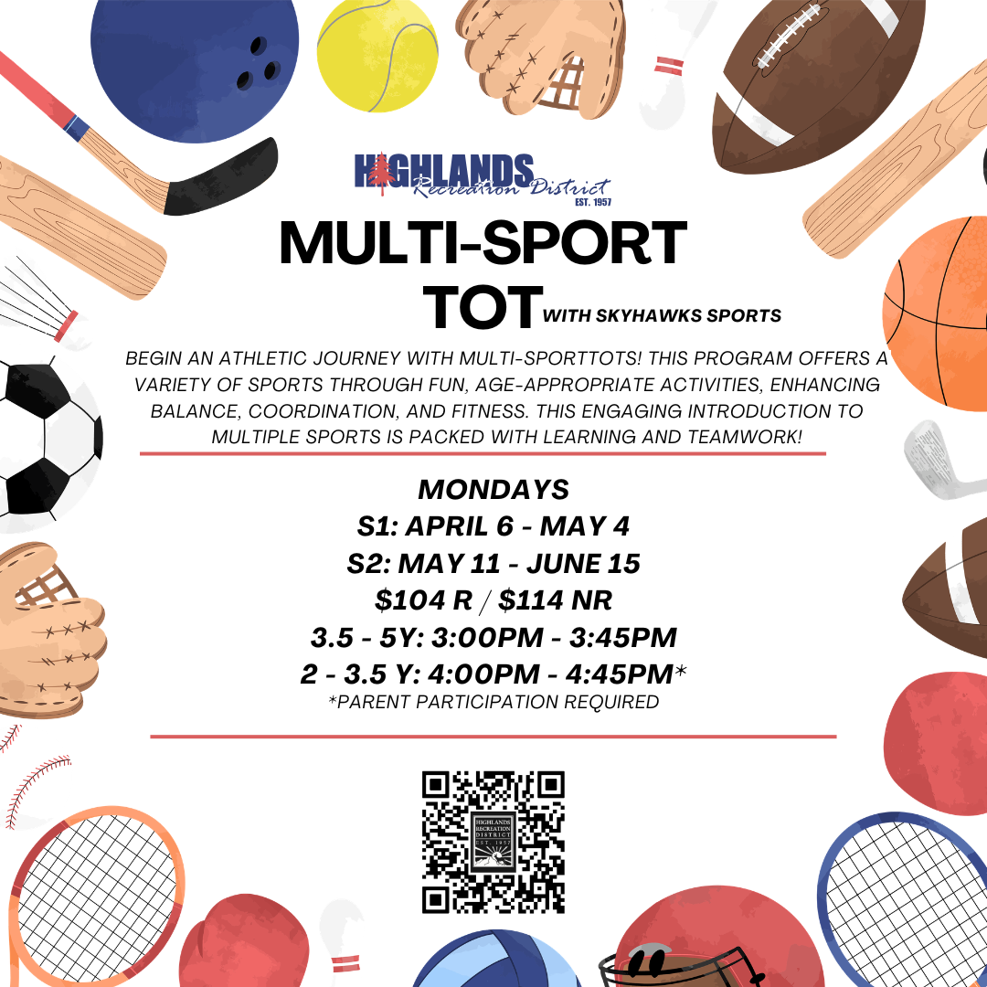Promotional flyer for a Multi-Sport program for kids, detailing dates, times, costs, and emphasizing fun, learning, and teamwork.