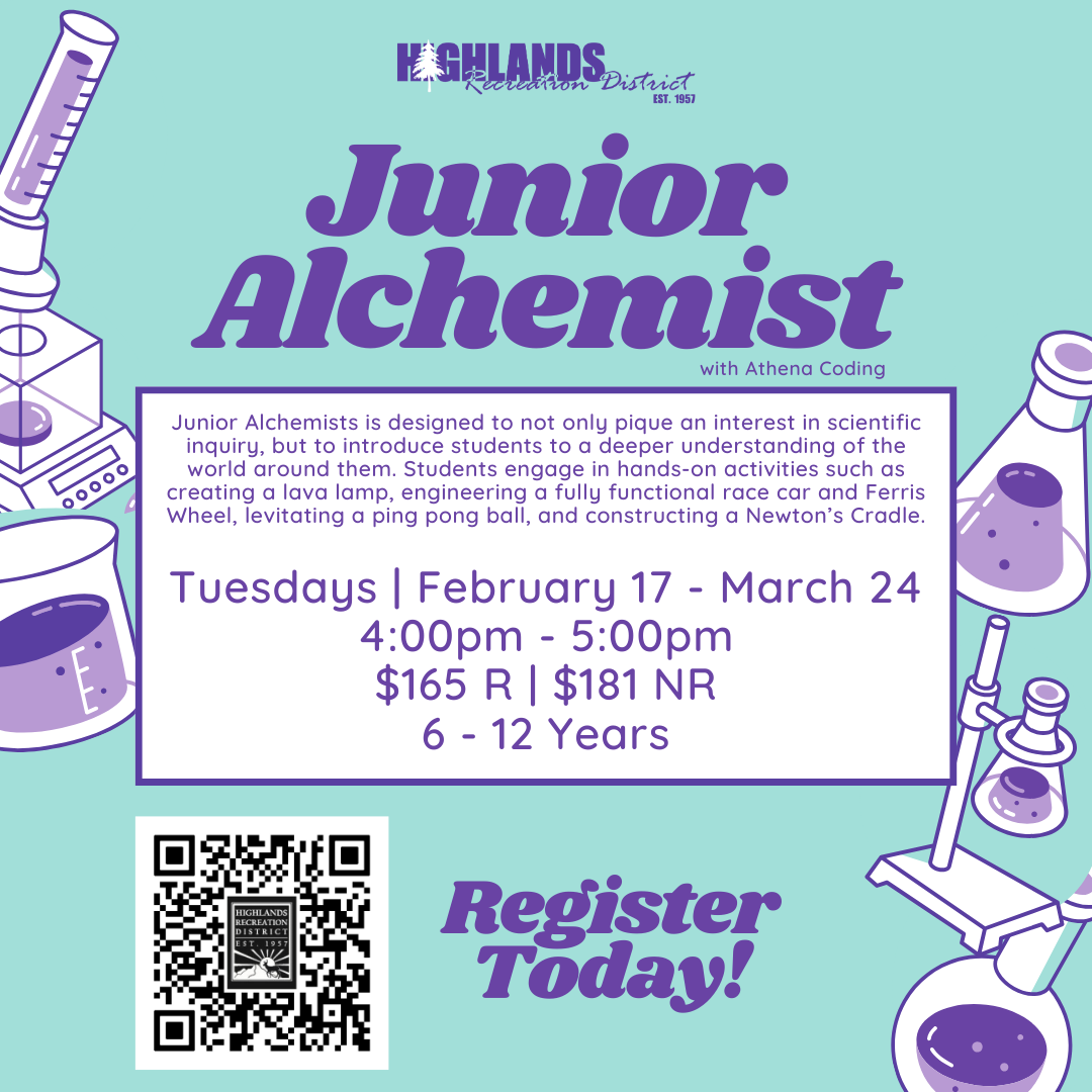 Promoting "Junior Alchemist" class for kids (6-12) with hands-on science activities, running Tuesdays from Feb 17 to March 24. $165 R.