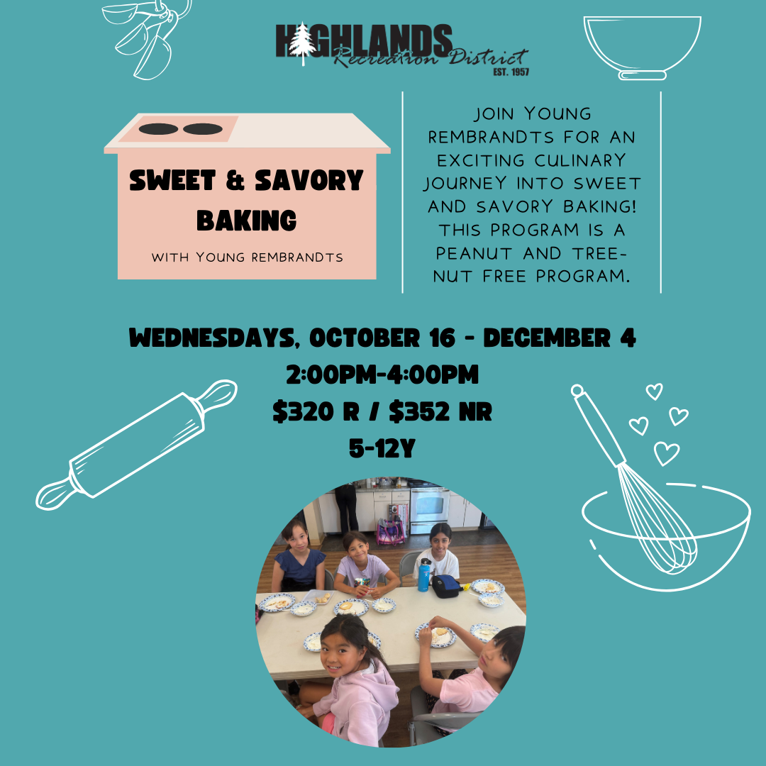 A flyer for a Sweet & Savory Baking class for kids aged 5-12, nut-free, dates and fees listed, and a photo of kids with plates.