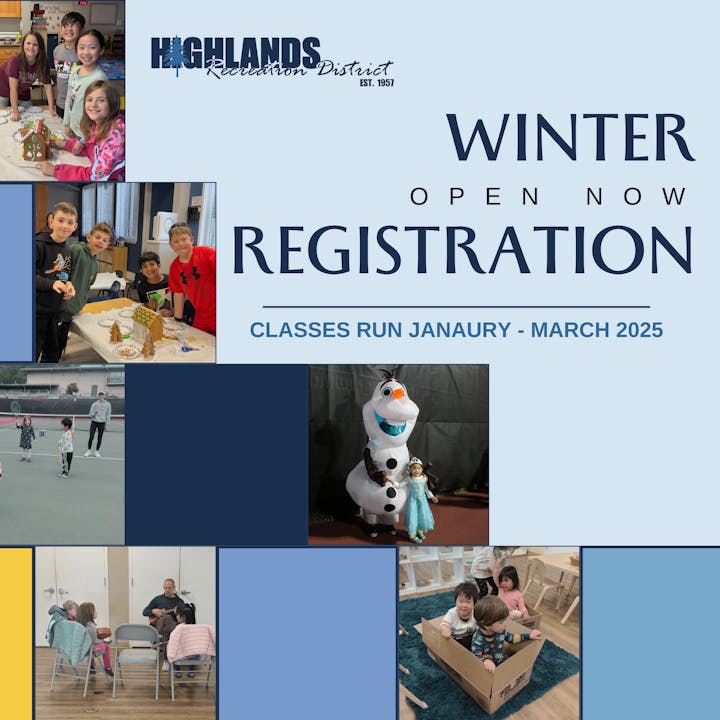 Winter registration open for classes from January to March 2025. Features group activities and kids' programs.