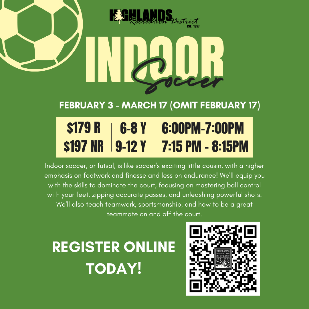 Indoor soccer program: Feb 3-Mar 17, ages 6-12. Register online. Focus on skills, teamwork, sportsmanship.