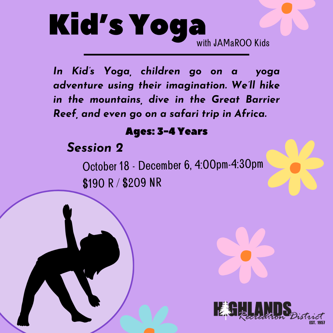A flyer for a children's yoga class, for ages 3-4, detailing an imaginative adventure theme, schedule, and pricing.