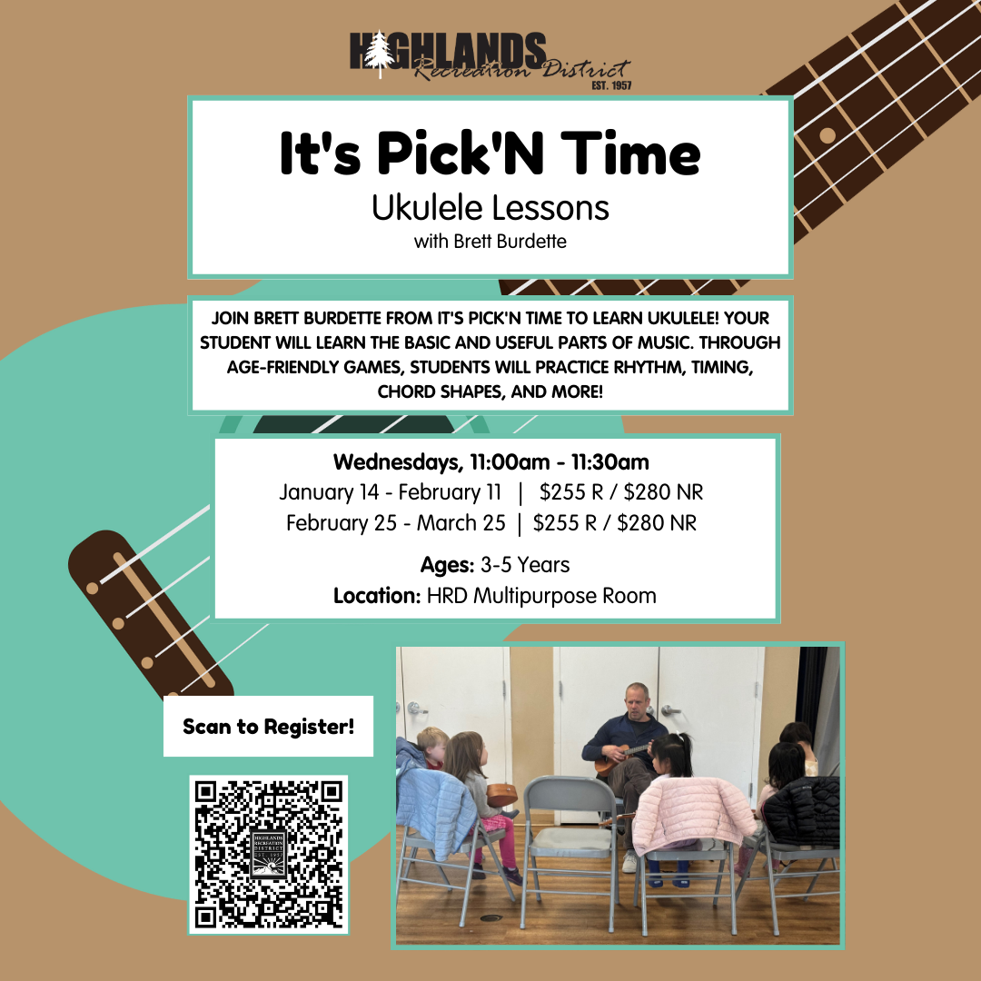 Ukulele lessons for ages 3-5 with Brett Burdette. Wednesdays, 11-11:30 AM. Session: Jan 14-Feb 11 & Feb 25-Mar 25. Sign up!