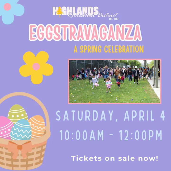Event announcement for "Eggstravaganza," a spring celebration on April 4, 10 AM - 12 PM. Tickets on sale now!