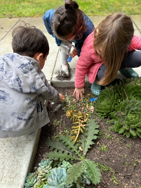 Three children are exploring and watering plants in a garden.
