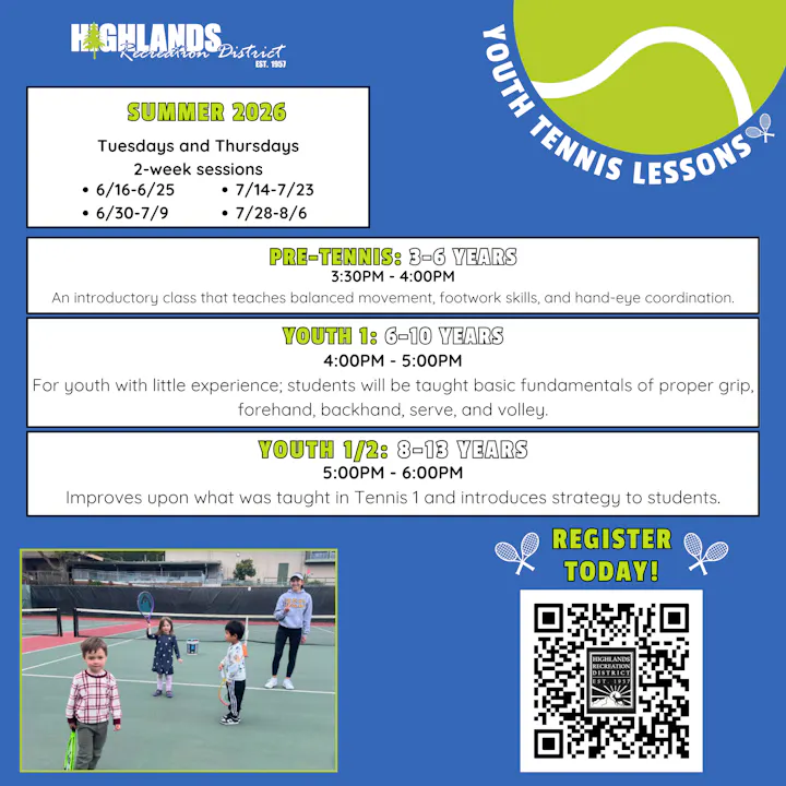 Youth tennis lessons for ages 3-13 in Summer 2026. Sessions on Tuesdays and Thursdays. Register now!