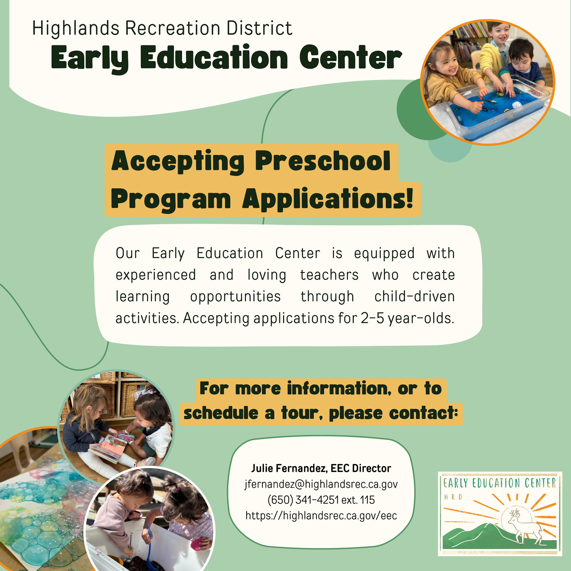 Preschool program applications open for ages 2-5 at Highlands Recreation District Early Education Center. Contact for details.