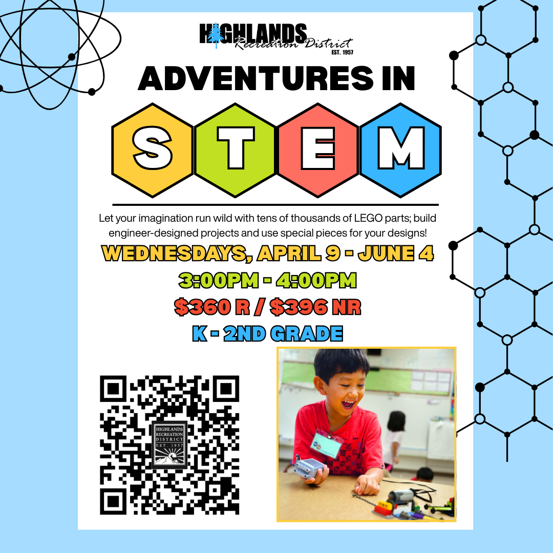 STEM class flyer for K-2nd grade, April 9 - June 4, Wednesdays 3-4PM. Cost: $360 R / $396 NR. Includes QR code.