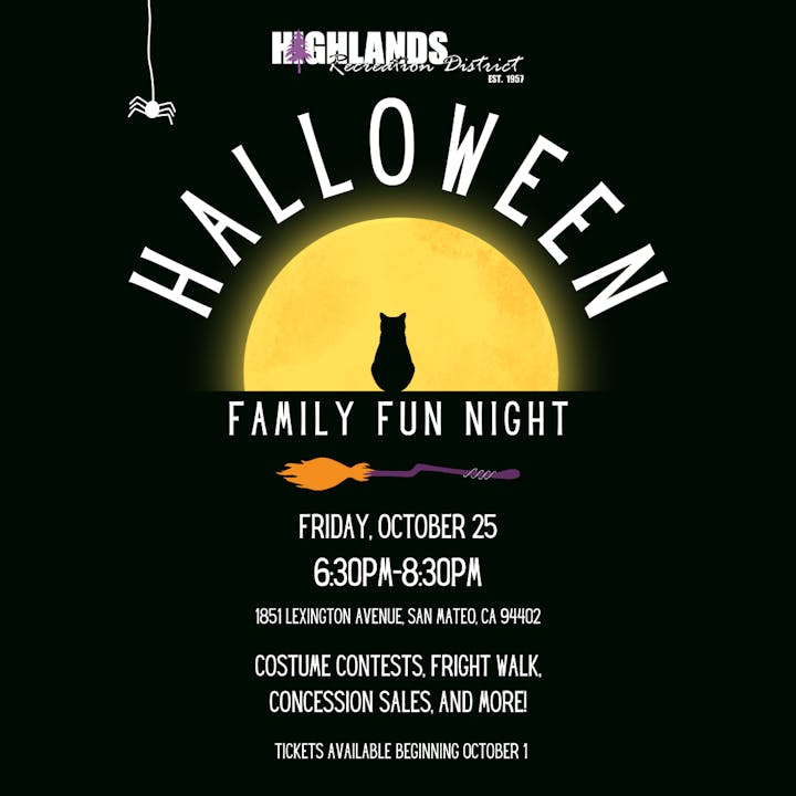 A Halloween event poster with a full moon, cat silhouette, broom, details on date, time, activities, and ticket info.