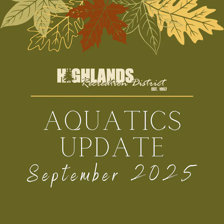 Highlands Recreation District Aquatics Update for September 2025 with autumn leaves design.