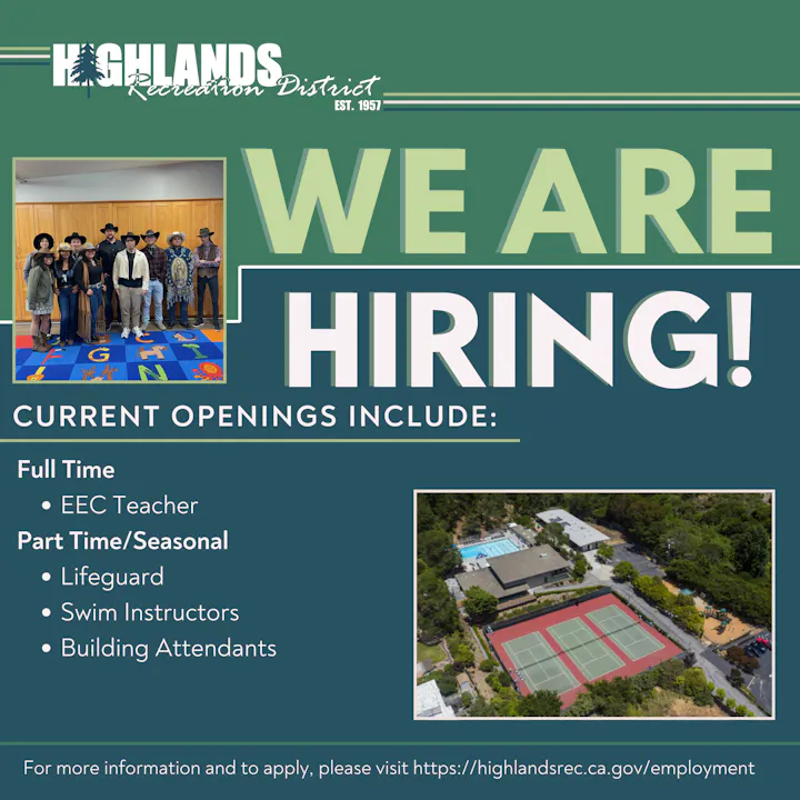 Highlands Recreation District is hiring for various positions: EEC Teacher, Lifeguards, Swim Instructors, and Building Attendants.