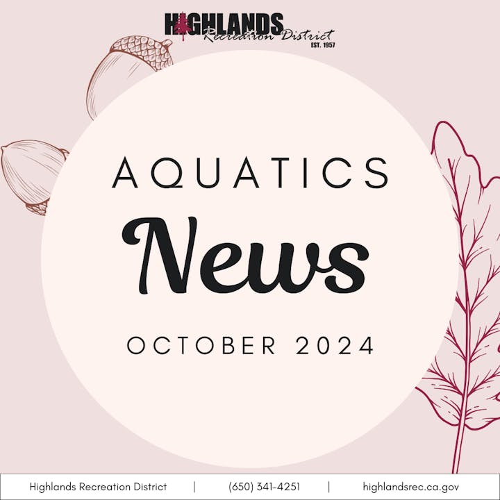 Poster for "Aquatics News, October 2024" from Highlands Recreation District, with contact info and decorative elements.