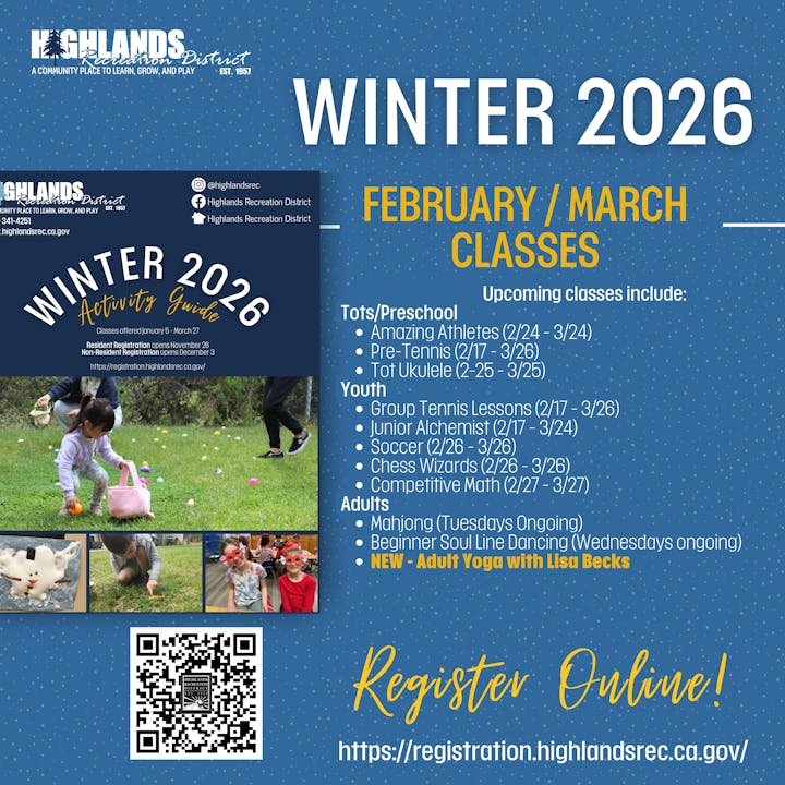The image is an activity guide for Winter 2026, listing classes for tots, youth, and adults from February to March.