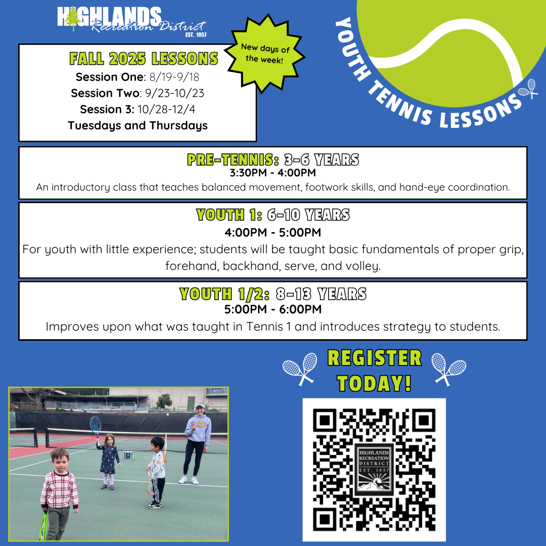 Youth tennis lessons schedule for fall 2025, ages 3-13, Tuesdays/Thursdays. Register via QR code.