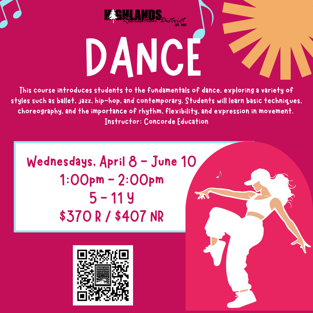 Dance course for ages 5-11, exploring styles like ballet & hip-hop. Wednesdays, April 8 - June 10. $370 R / $407 NR.
