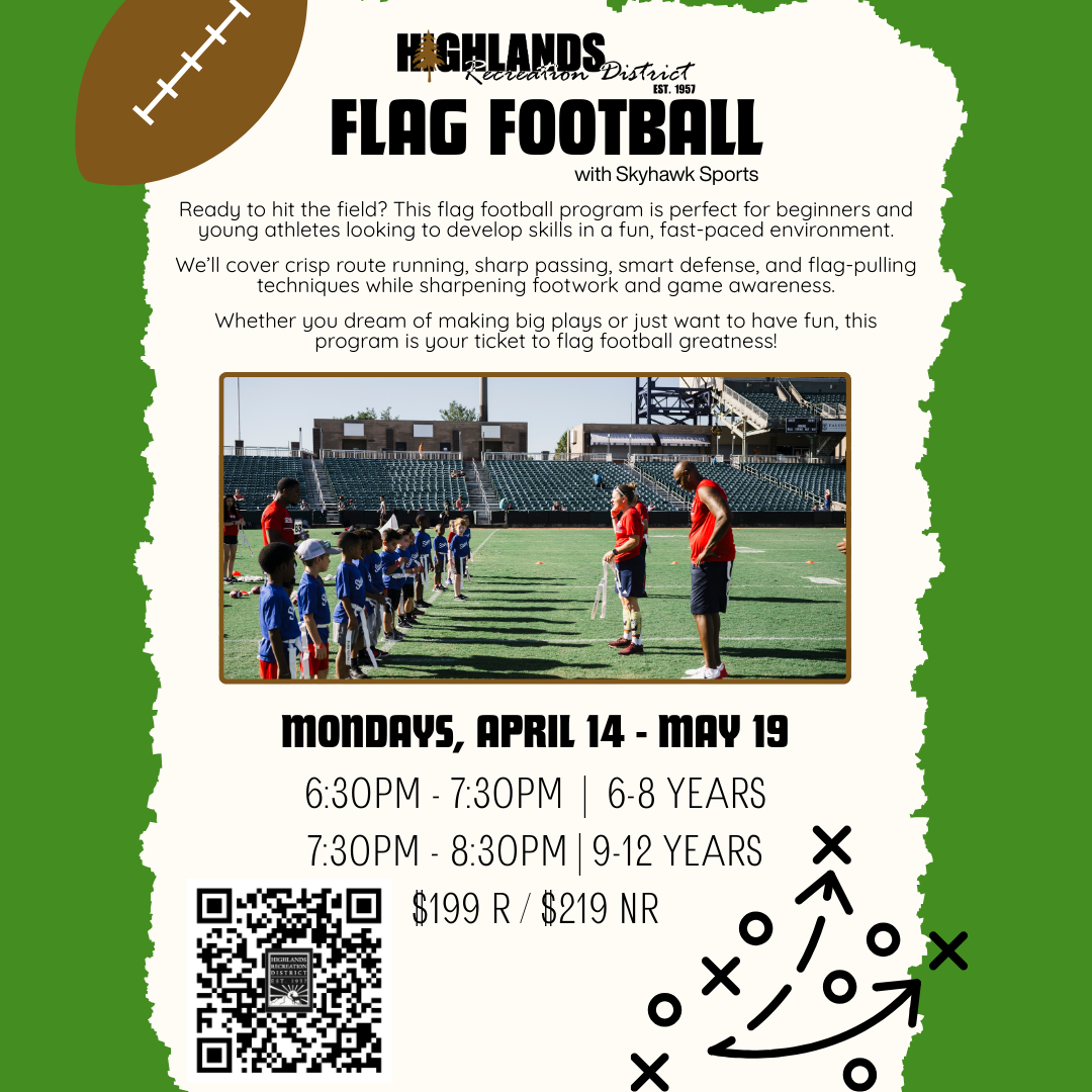 Flag football program flyer for ages 6-12, Mondays April 14-May 19. Training skills and playing details included.