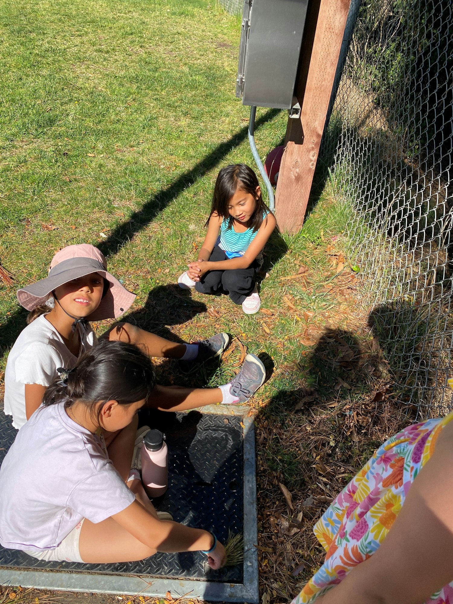 Two children sitting by a fence with drinks, grass, sunshine, and shadows.