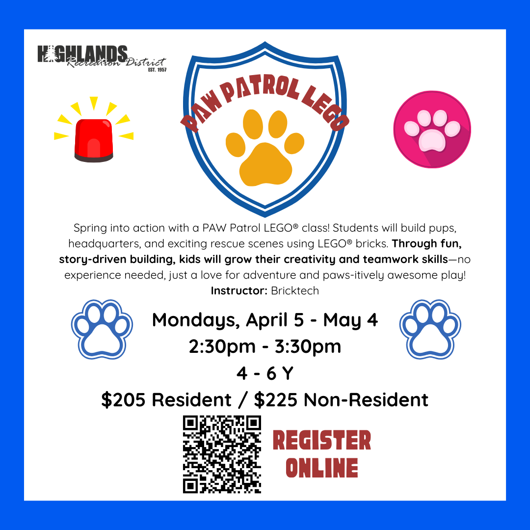 PAW Patrol LEGO class for kids (ages 4-6) runs Mondays from April 5 to May 4. Focus on creativity, teamwork, and fun!
