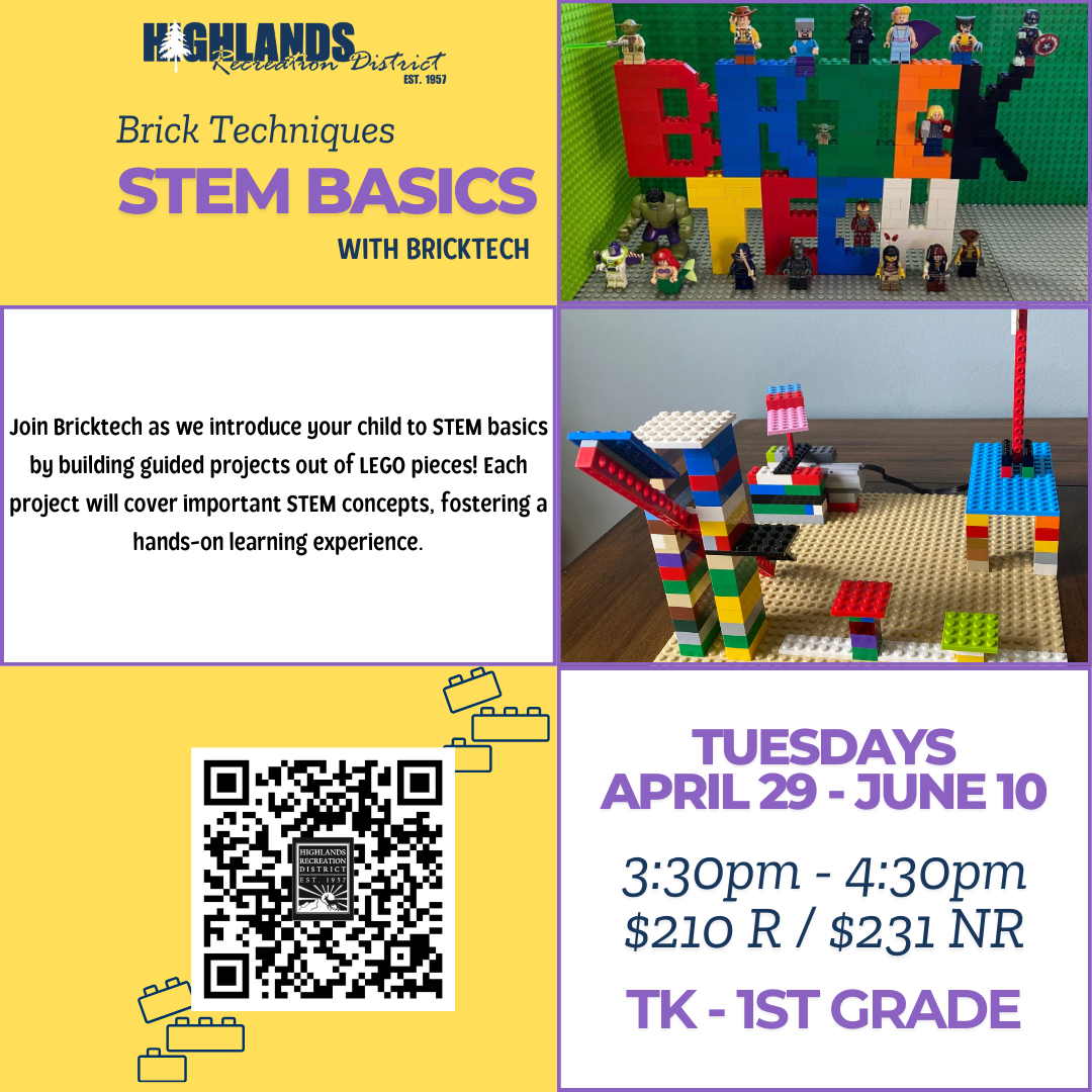 STEM Basics with Bricktech for TK-1st grade. Tuesdays, Apr 29-Jun 10, 3:30-4:30pm, $210/$231. Hands-on LEGO projects.