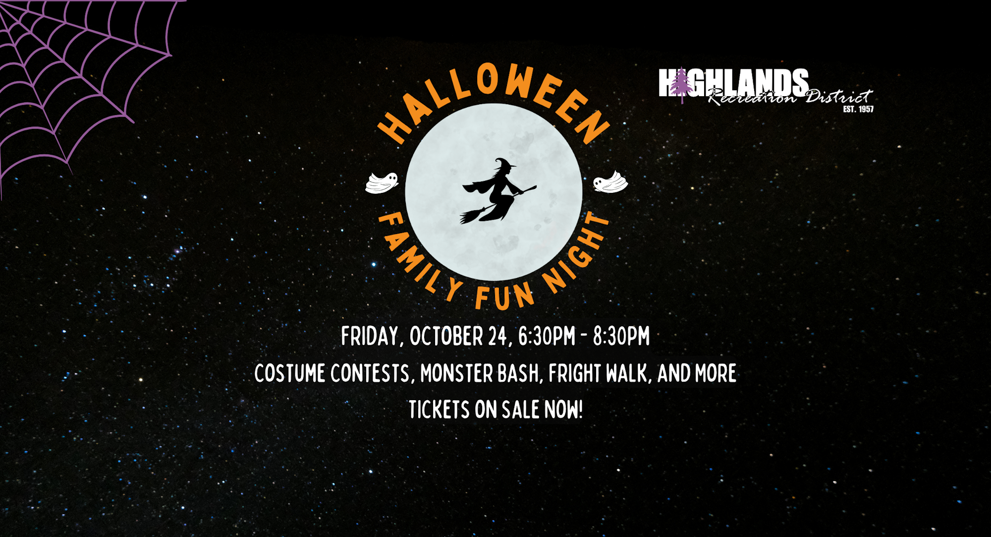 Halloween Family Fun Night flyer with event details: October 24, 6:30-8:30PM, at Highlands Recreation District. Costume contests and more.