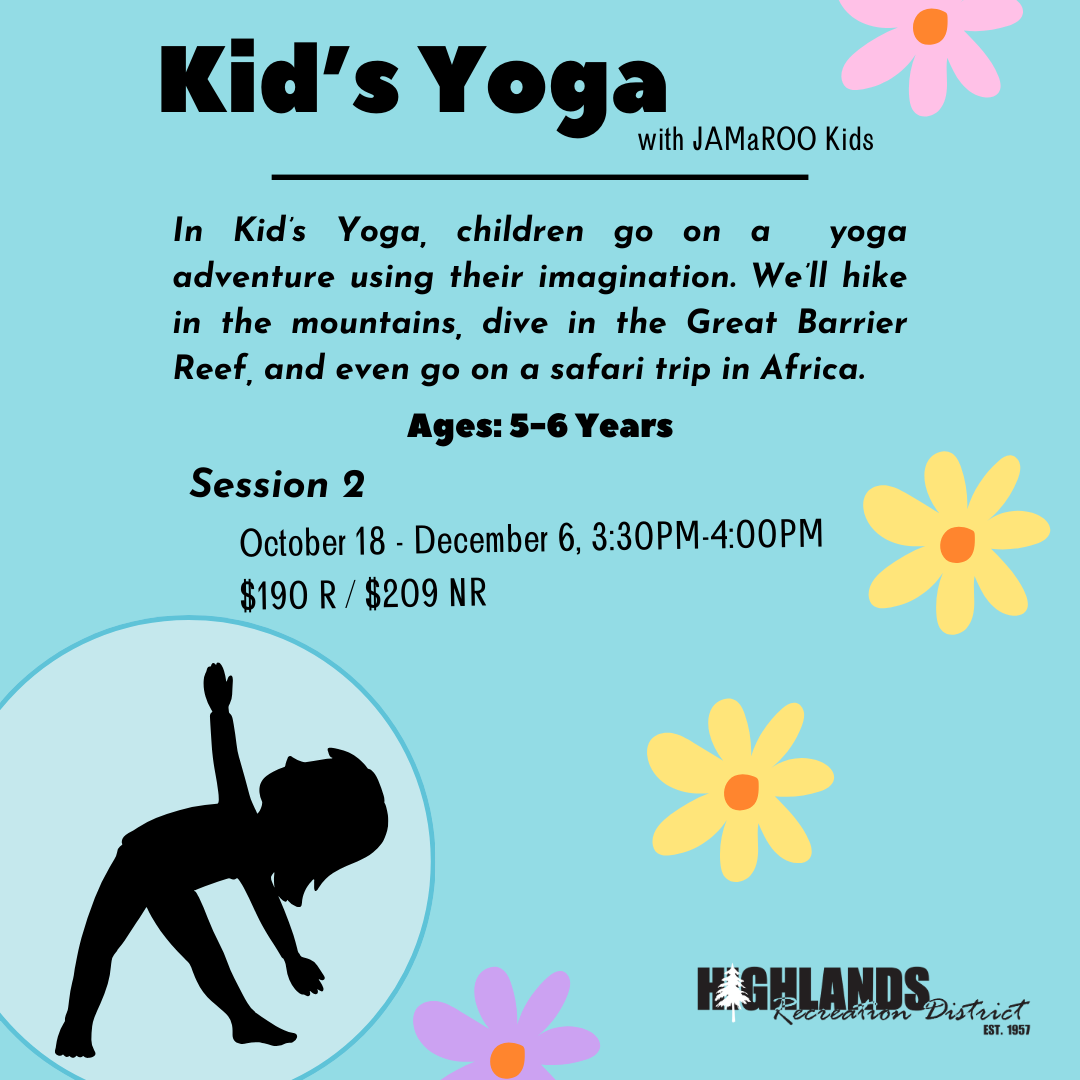 A colorful flyer for a Kid's Yoga class with details on session dates, age group, and cost.