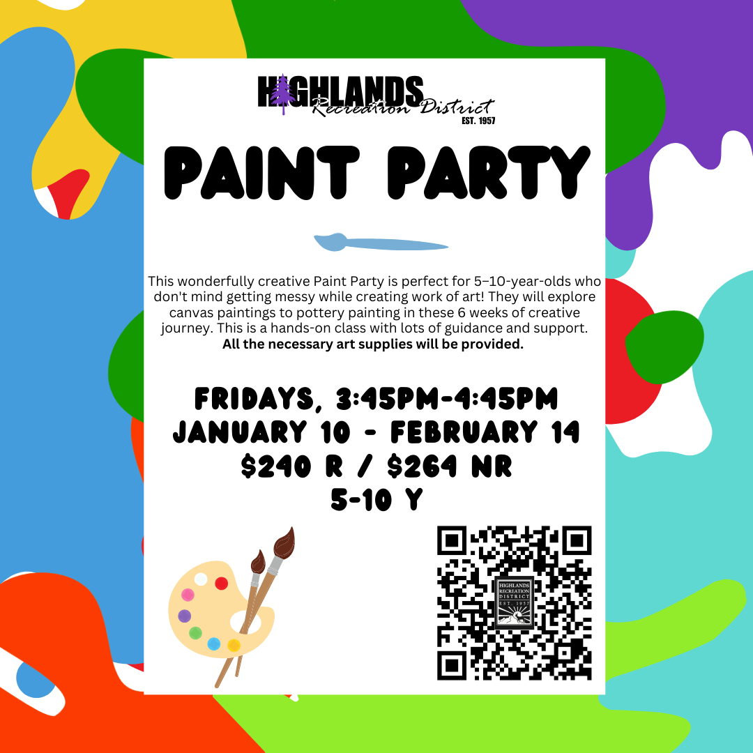 Paint party for ages 5-10. Fridays, 3:45-4:45 PM, Jan 10-Feb 14. Cost: $240 R / $264 NR. Art supplies included.