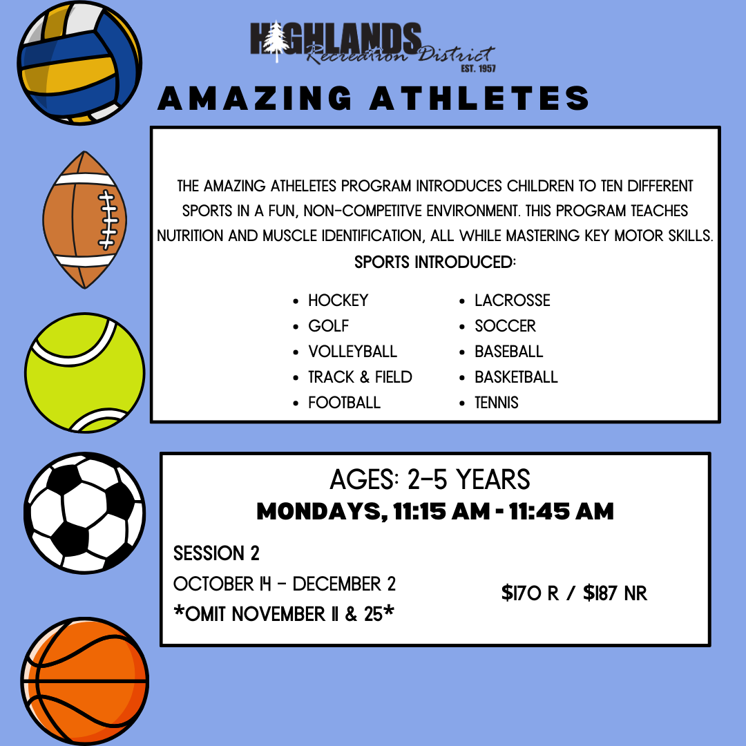 A flyer for a youth program called "Amazing Athletes" for kids aged 2-5, including various sports and details about session times and fees.