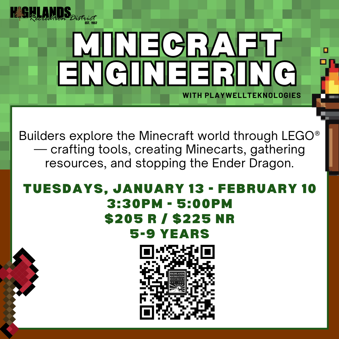 A LEGO Minecraft program for kids aged 5-9, exploring building and crafting, held Tuesdays from January 13 to February 10.