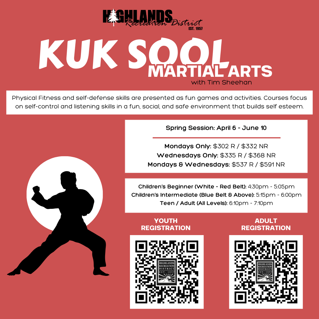 Kuk Sool Martial Arts classes run April 6 - June 10. Options for kids and adults with registration details and pricing.