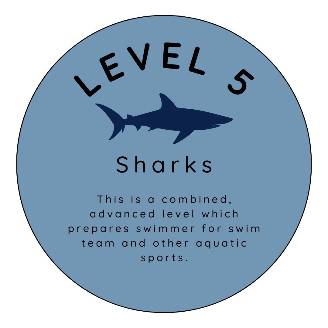 A logo for "Level 5 Sharks," indicating an advanced swim level for aquatic sports preparation.