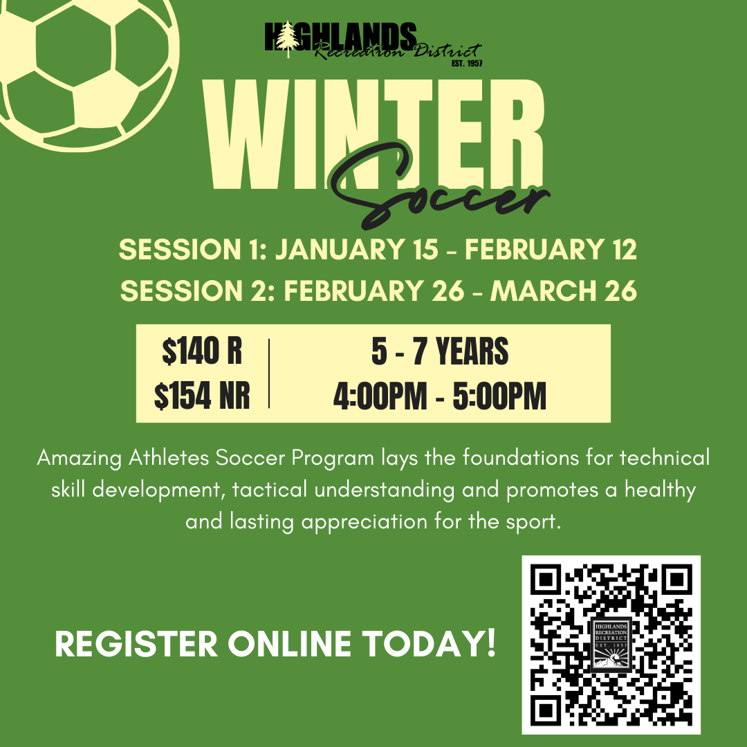 Winter soccer program for kids (5-7 years) offered in two sessions from January to March. Register online!