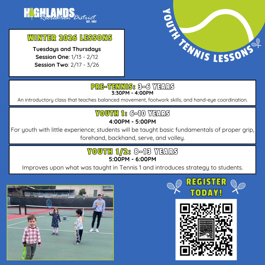 Winter 2026 Youth Tennis Lessons: classes for ages 3-13, focusing on movement, techniques, and strategy. Sessions start January 13.