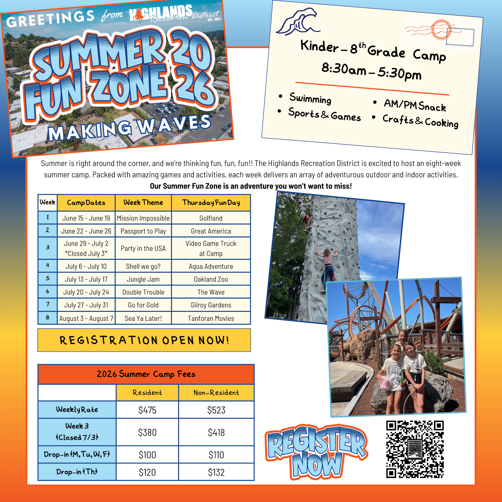 Highlands Recreation District offers an 8-week summer camp for kids featuring swimming, games, and themed activities. Registration open!