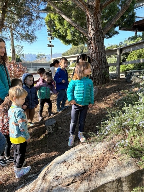 A group of children outdoors near a tree, wearing jackets, looking in the same direction, with a clear blue sky above.
