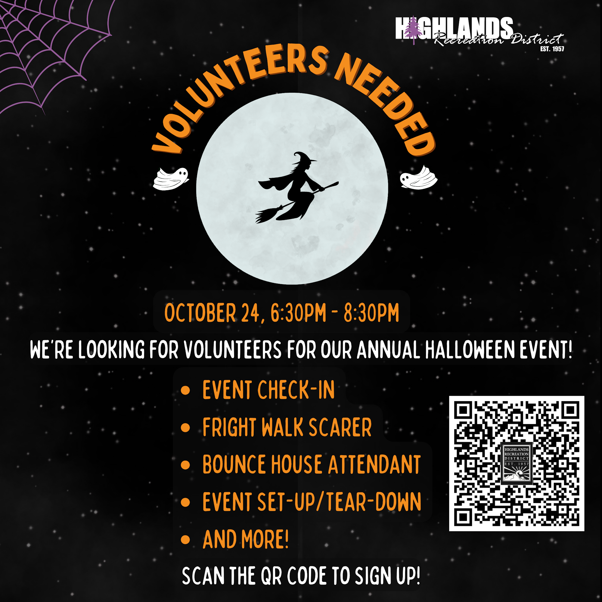 Volunteers needed for a Halloween event on Oct 24, 6:30-8:30 PM. Roles: check-in, fright walk scarer, bounce house, setup/teardown. QR to sign up.