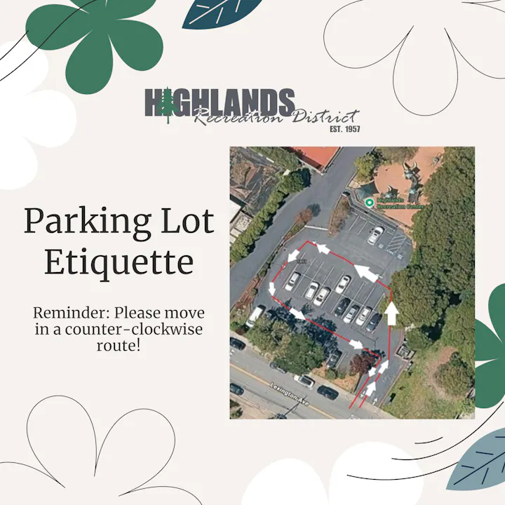 A parking lot diagram emphasizes counter-clockwise movement etiquette for drivers at Highlands Recreation District.