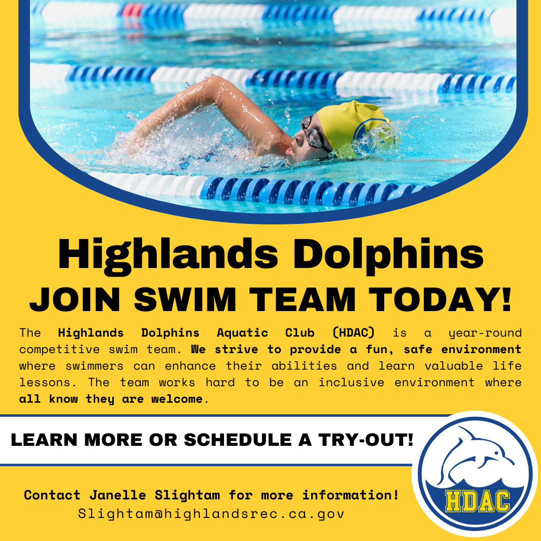 Swimmer in a pool with text promoting Highlands Dolphins swim team enrollment.