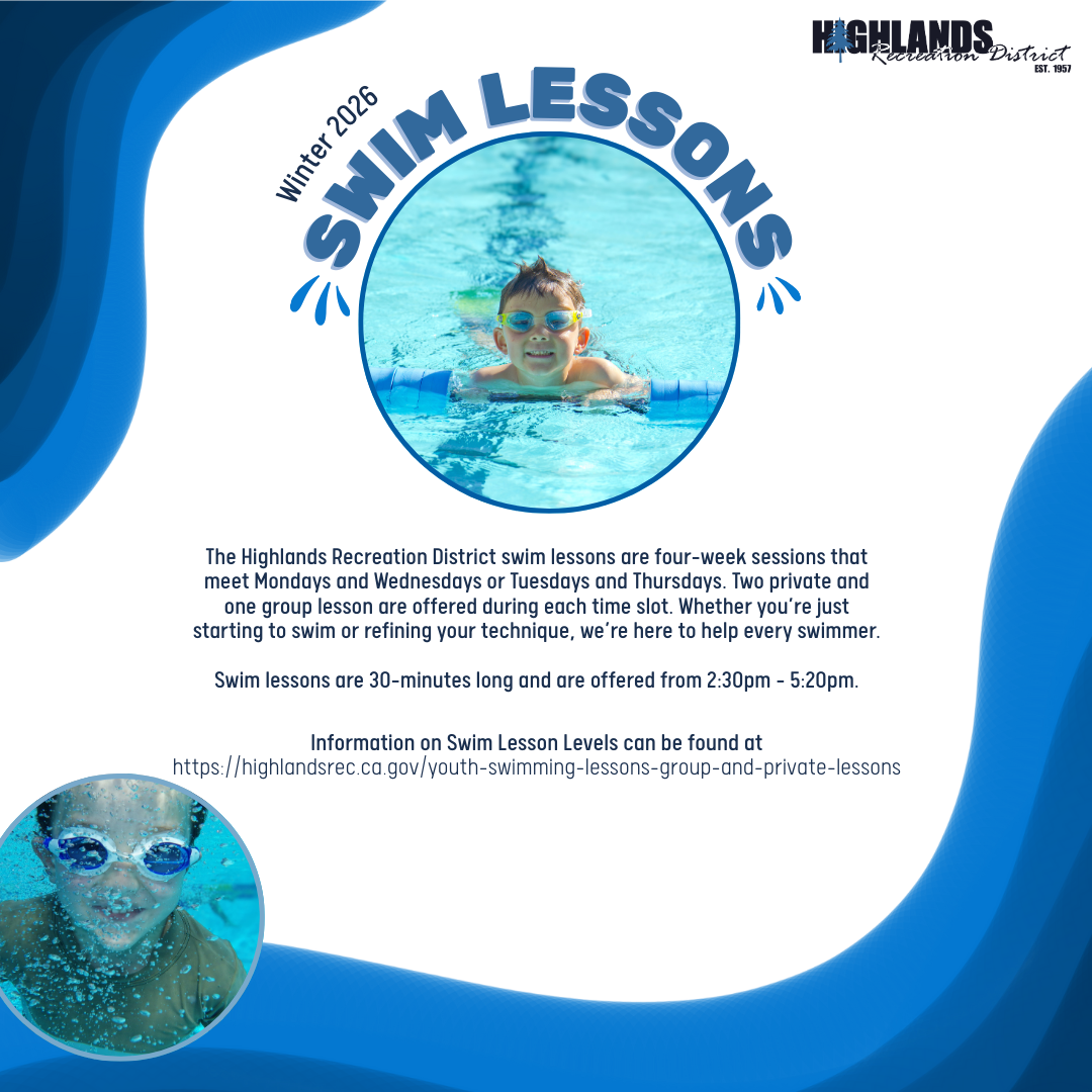 Winter 2026 swim lessons offered by Highlands Recreation District; 30-minute sessions on Mon/Wed or Tue/Thu, 2:30-5:20 PM.