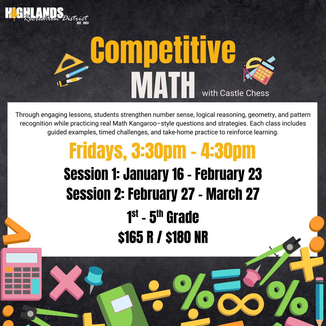 The image promotes a Competitive Math class for 1st-5th graders, scheduled on Fridays, featuring two sessions and pricing info.