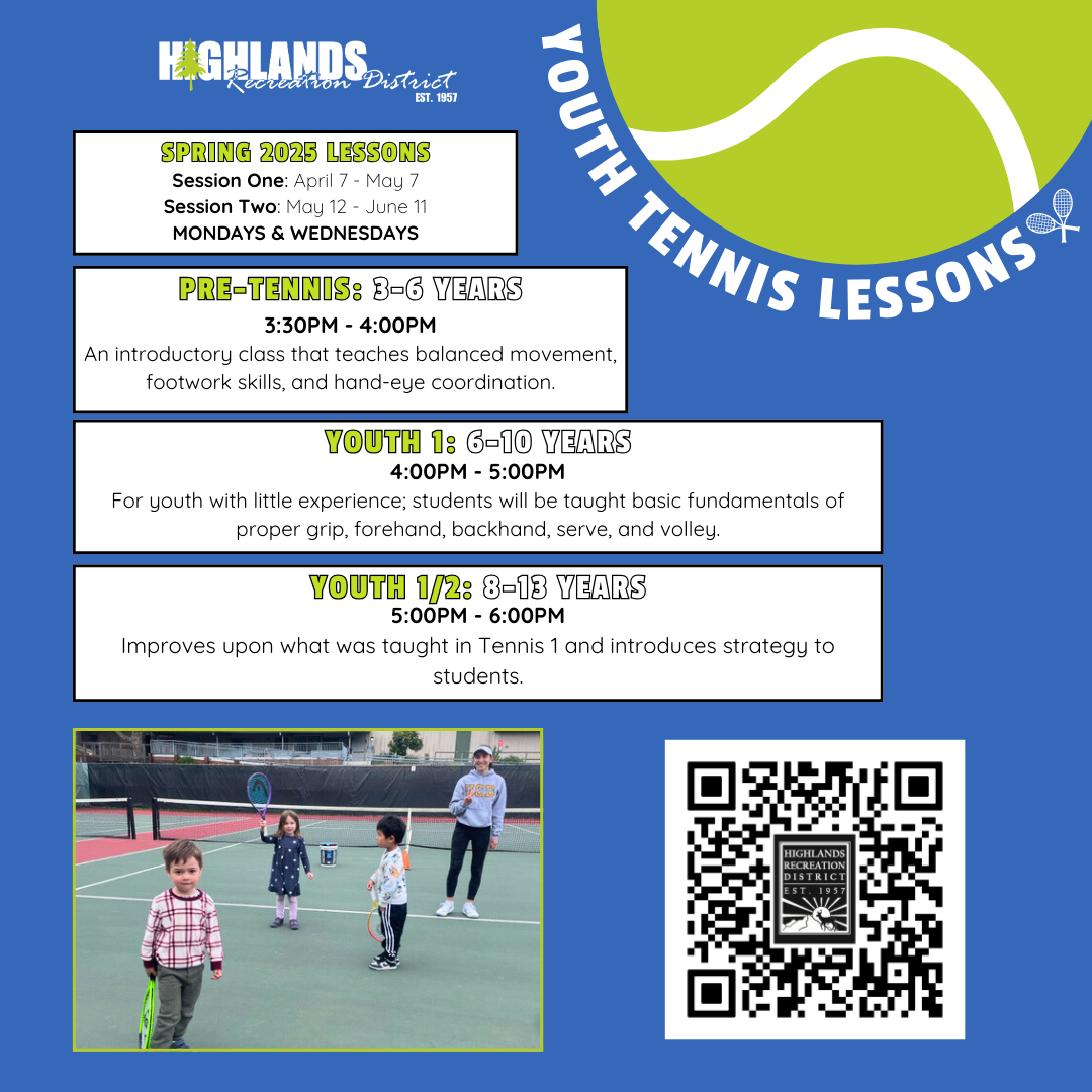 Youth tennis lessons schedule with age groups, timings, and session dates, plus a QR code and a photo of kids on a tennis court.