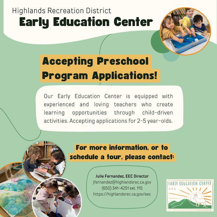 Highlands Early Education Center is accepting preschool applications for 2-5 year-olds. Contact Julie Fernandez for info or tours.