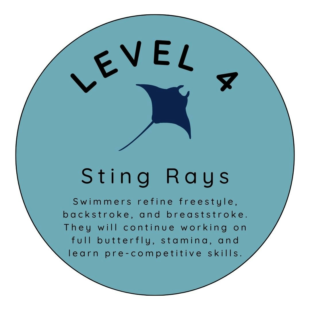 A circular logo for "Level 7 Sting Rays," detailing the swimming skills to be refined in the program.