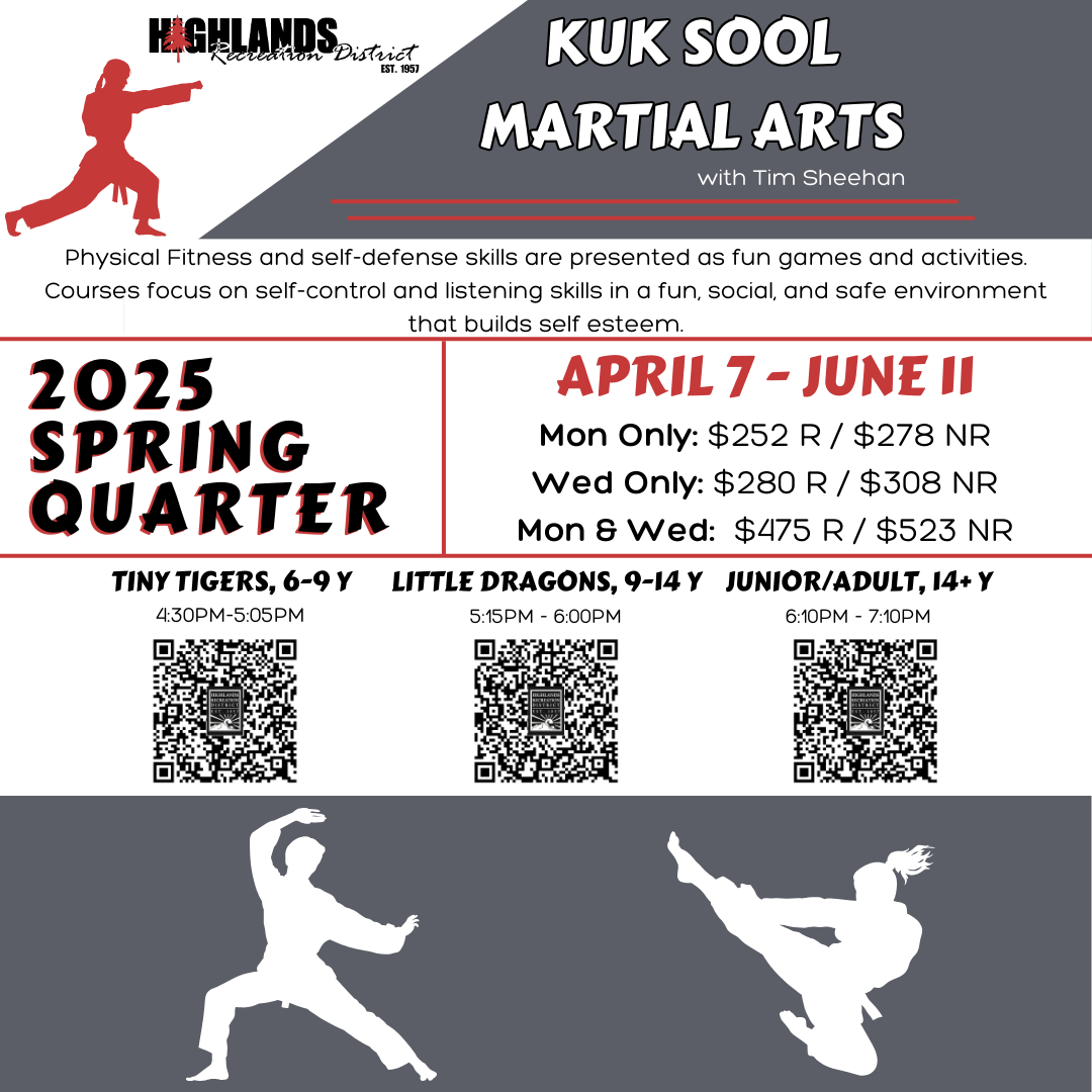Martial arts classes (Kuk Sool) for ages 6+ during 2025 spring, details on sessions, times, and fees.