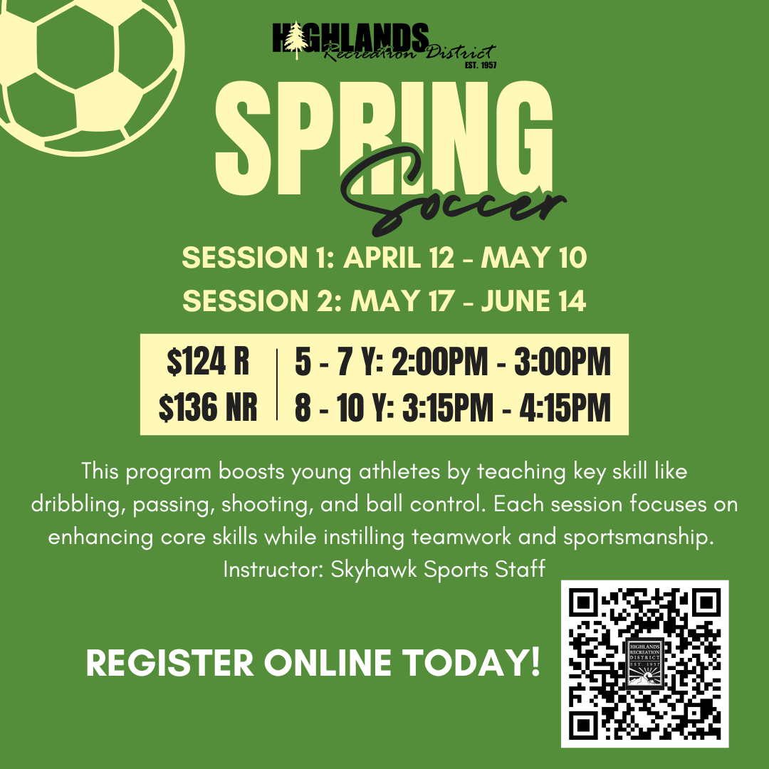 Spring soccer program for ages 5-10, running April-May and May-June. Focus on skills and teamwork. Register online!