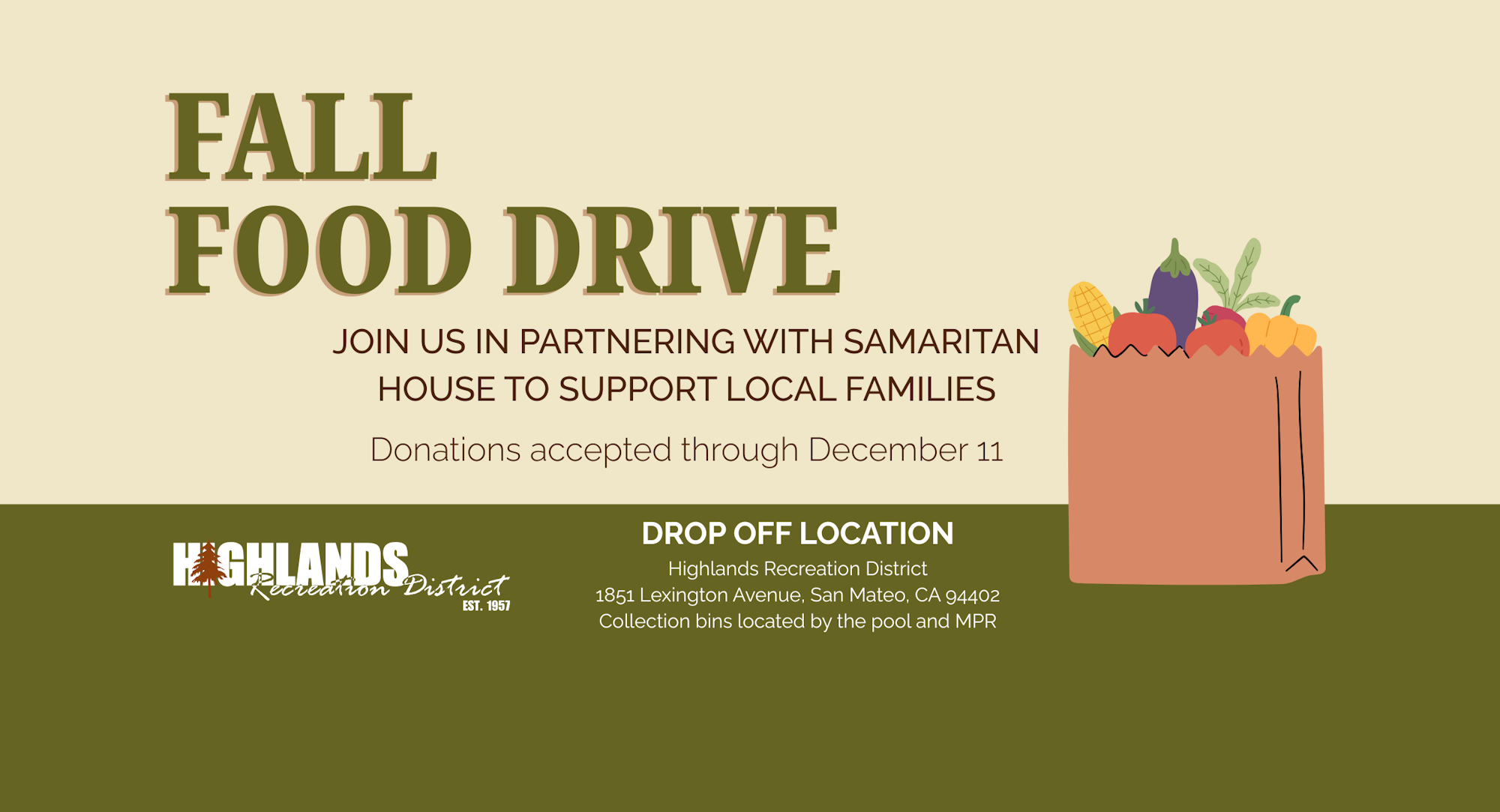 Fall Food Drive flyer for Highlands Recreation District; donations accepted through December 11, drop off at 1851 Lexington Ave.