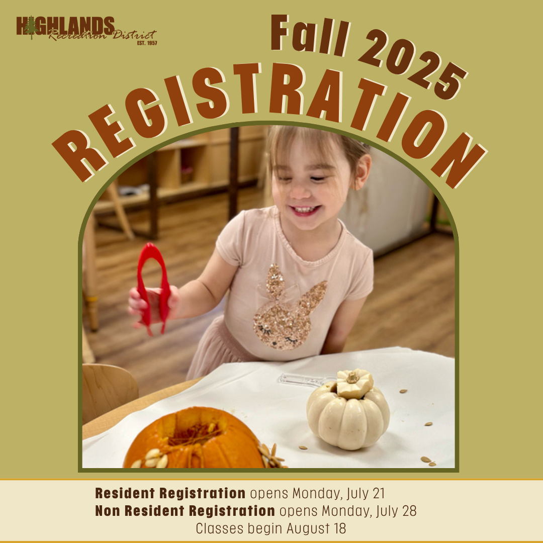 Child with pumpkins, "Fall 2025 Registration," Highlands Recreation District. Resident registration starts July 21, non-resident July 28.